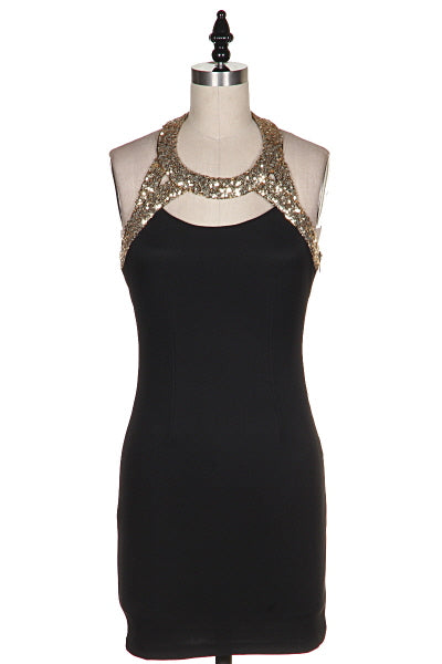Black Dress with Gold Sequin Straps