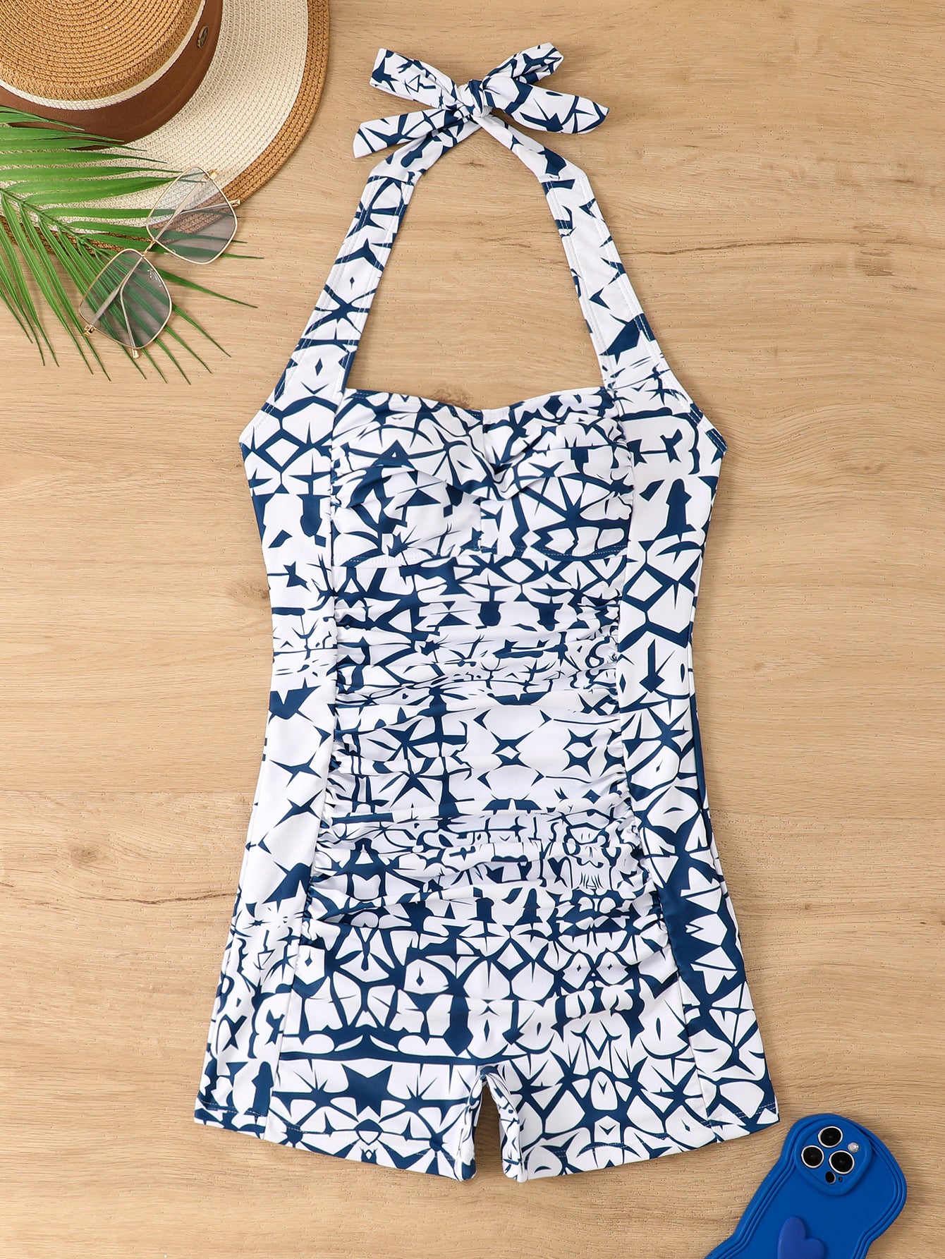Blue and White Halter Neck Swimsuit
