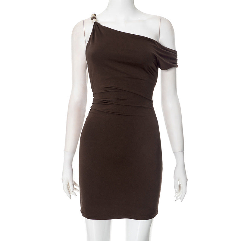 One-Shoulder Chocolate Brown Mini Dress