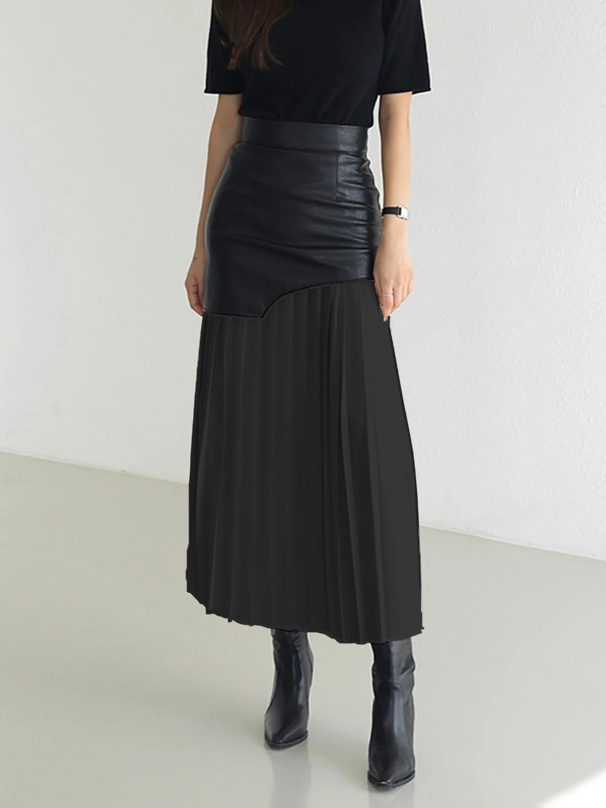 Leather Pleated Midi Skirt