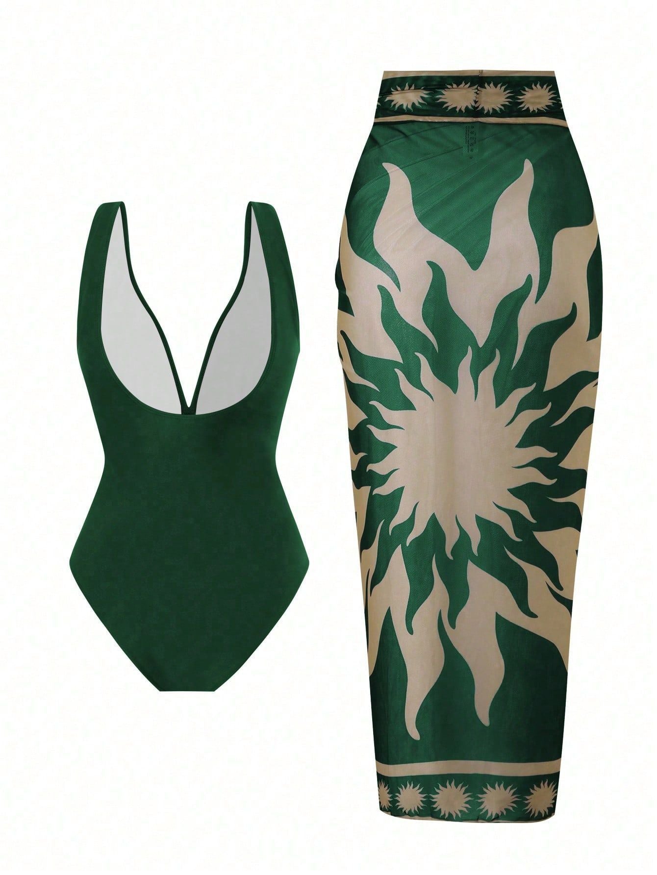 Ruched V Neck Swimsuit with Sun Print Cover-Up