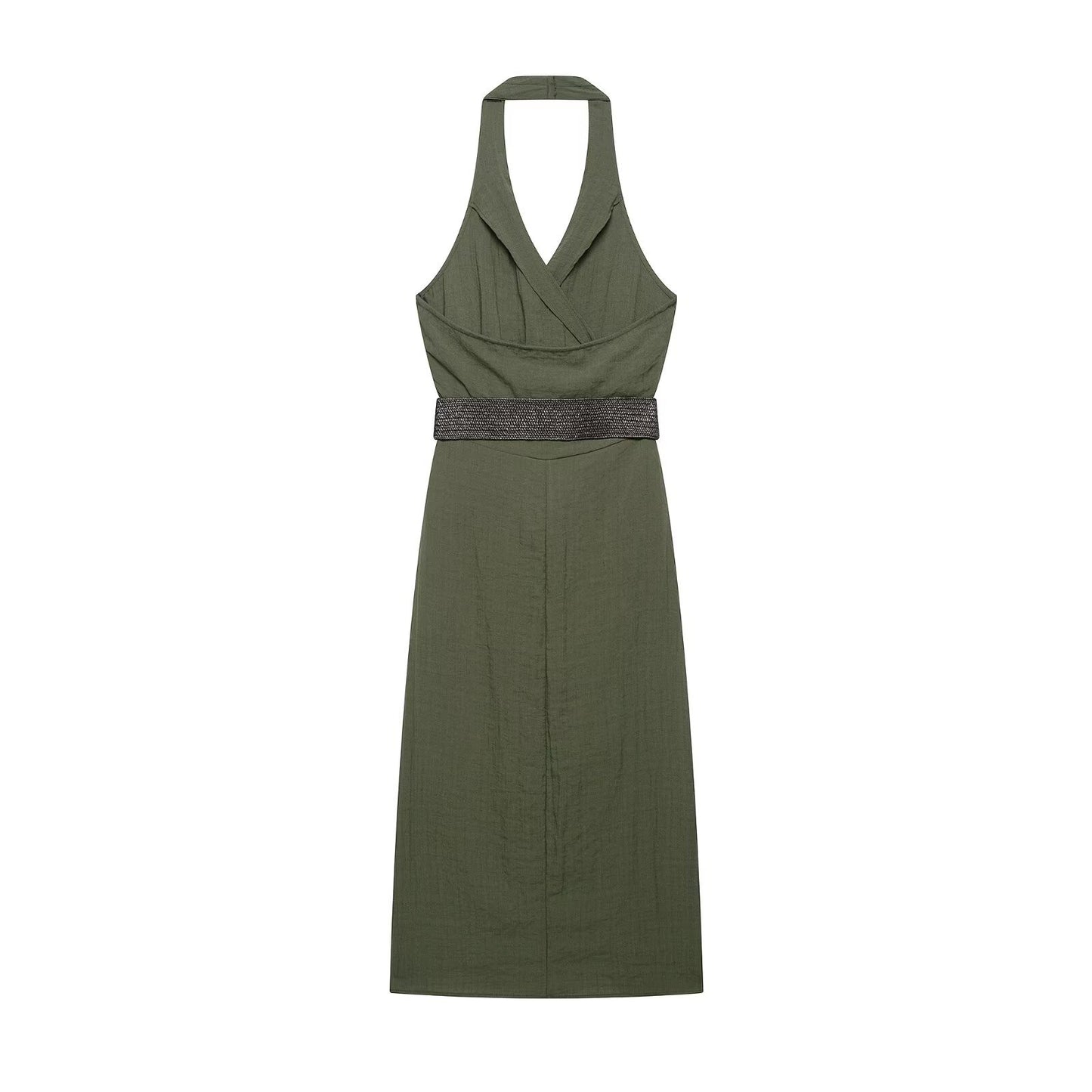 Olive Green Belted Halter Neck Dress