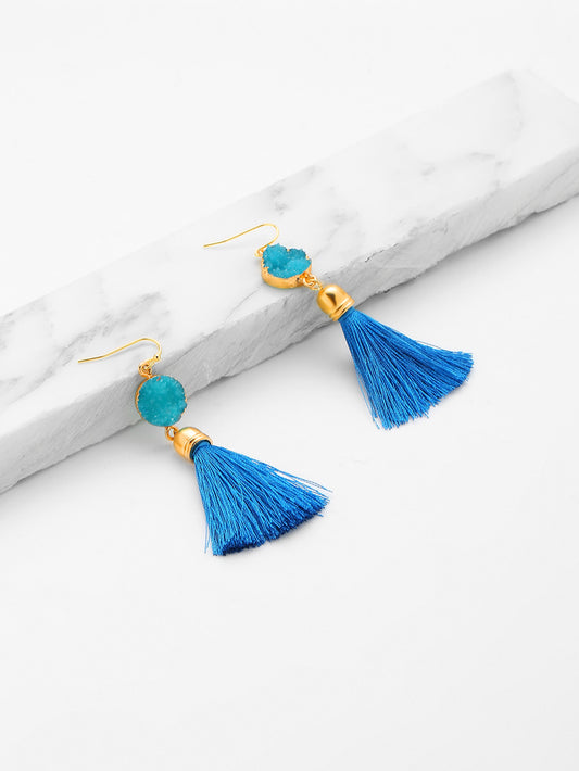 Crystal Detail Tassel Drop Earrings in Blue
