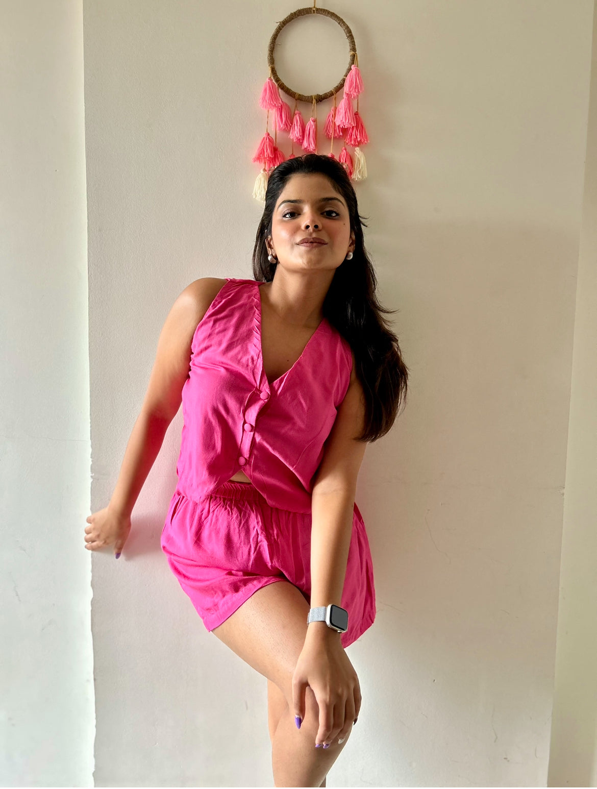 Pink Cropped Vest and Shorts Set