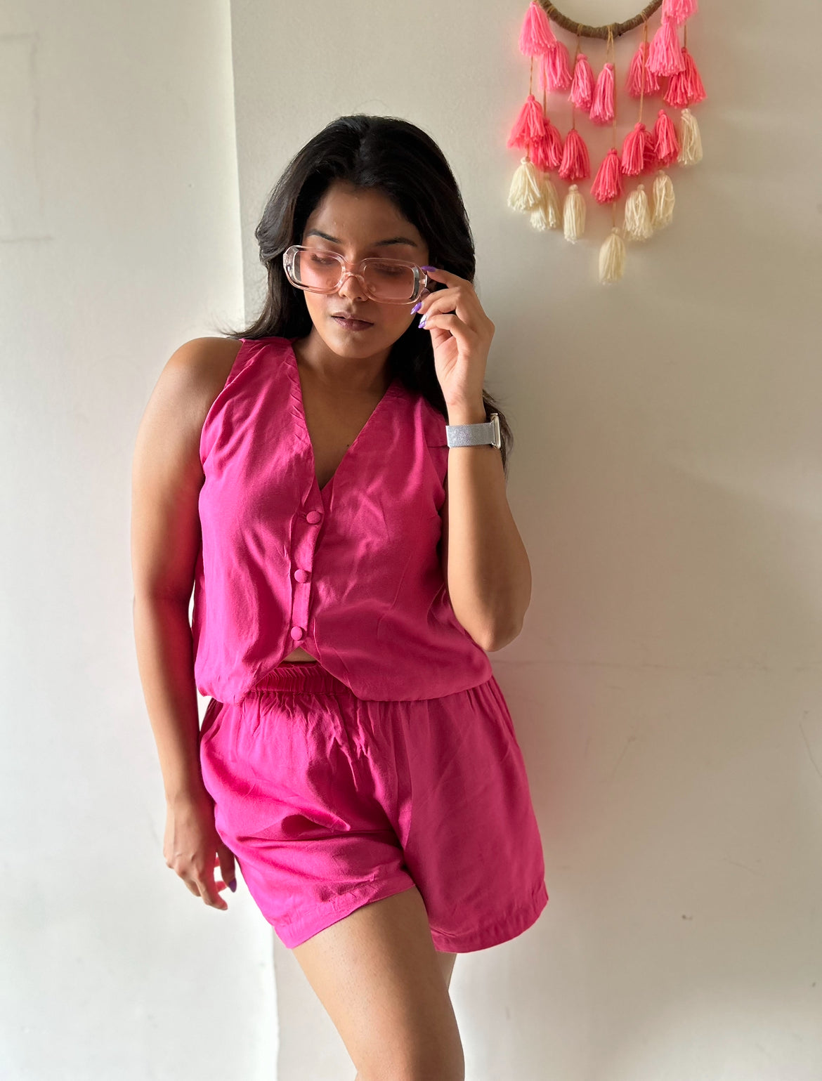 Pink Cropped Vest and Shorts Set