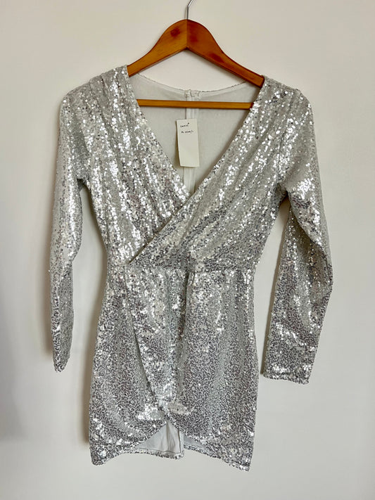 Silver Sequin Long Sleeve Dress