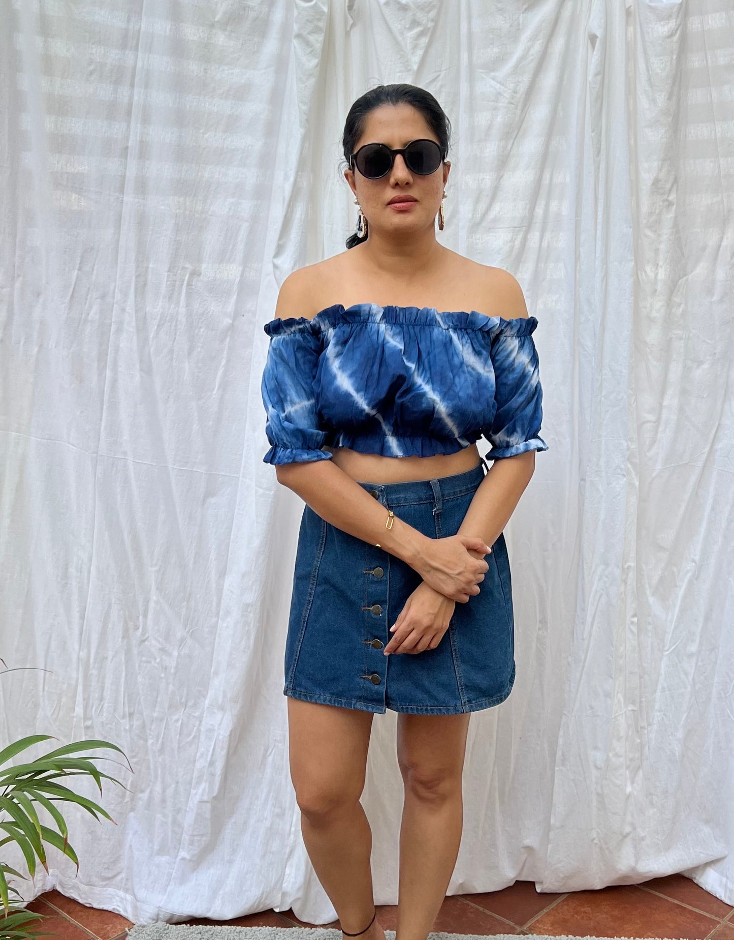 Deep Blue Tie and Dye Off Shoulder Crop Top
