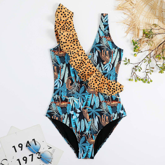 Leopard Print Contrast Ruffle Swimsuit