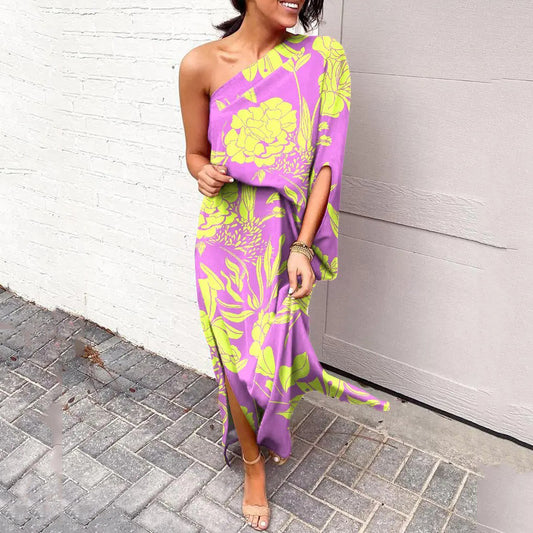 Lime Green on Purple Floral One Shoulder Maxi Dress