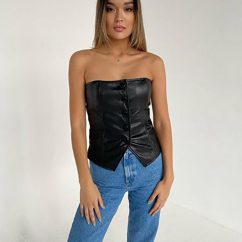 Black Strapless PU Leather Top