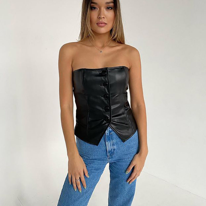 Black Strapless PU Leather Top