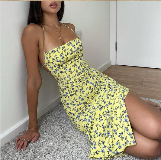 Yellow Floral Backless Midi Dress