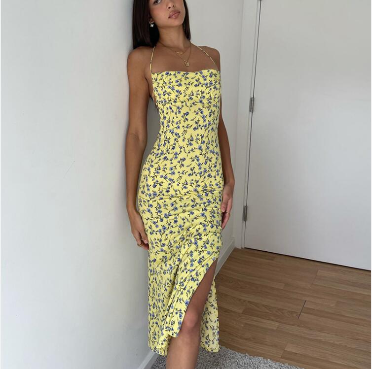 Yellow Floral Backless Midi Dress