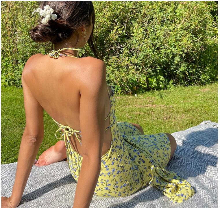 Yellow Floral Backless Midi Dress