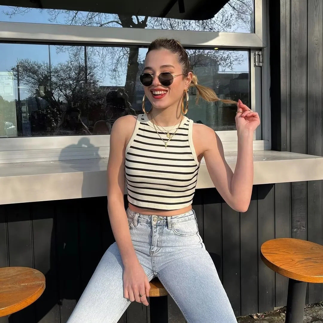 Black and White Striped Cropped Vest