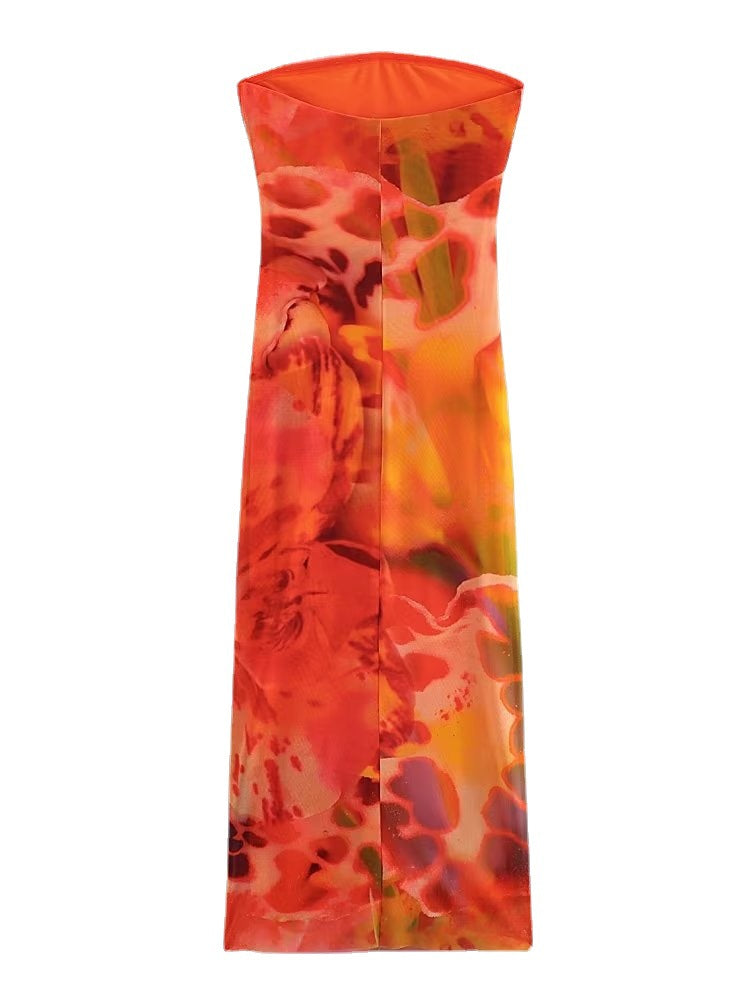 Red Abstract Print Strapless Dress