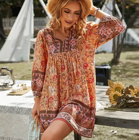 Boho Printed Cotton Long Sleeve Shift Dress