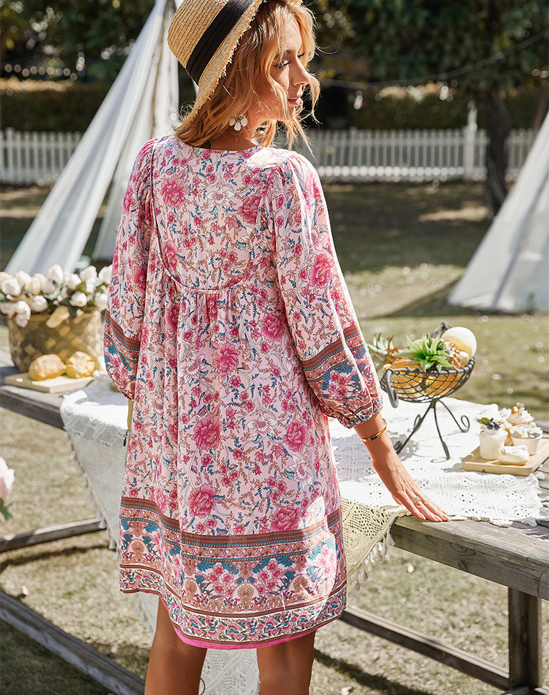 Boho Printed Cotton Long Sleeve Shift Dress