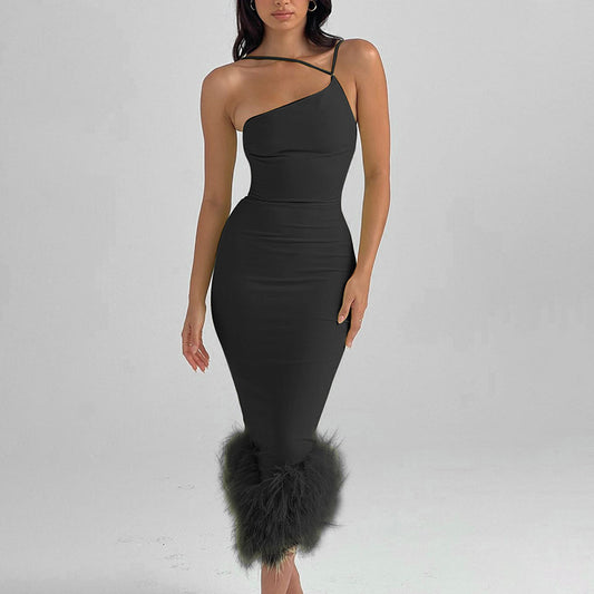 Sexy One Shoulder Black Fur Trimmed Bodycon Dress