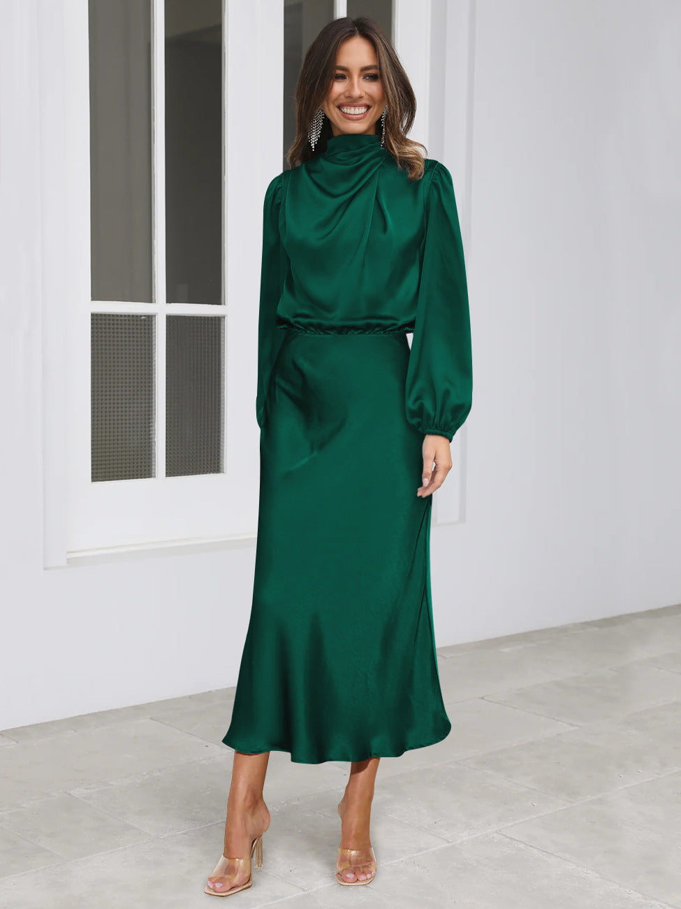 Long Sleeve Satin Midi Dress
