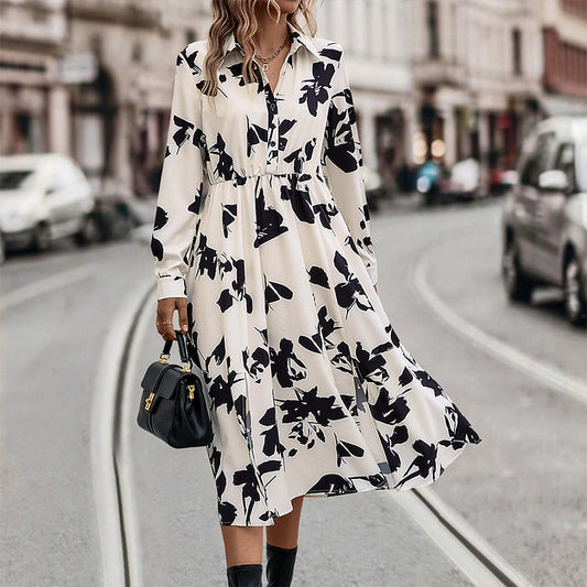 White and Black Floral Print Casual Midi Dress