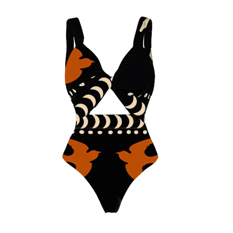 Black and Brown Tropical Printed Cut-Out Swimsuit