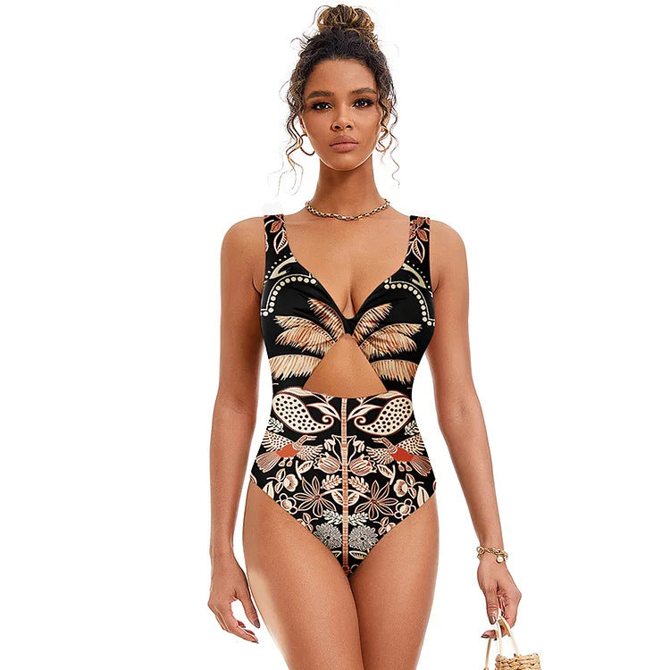 Retro Print Palm Print Cut-Out Swimsuit