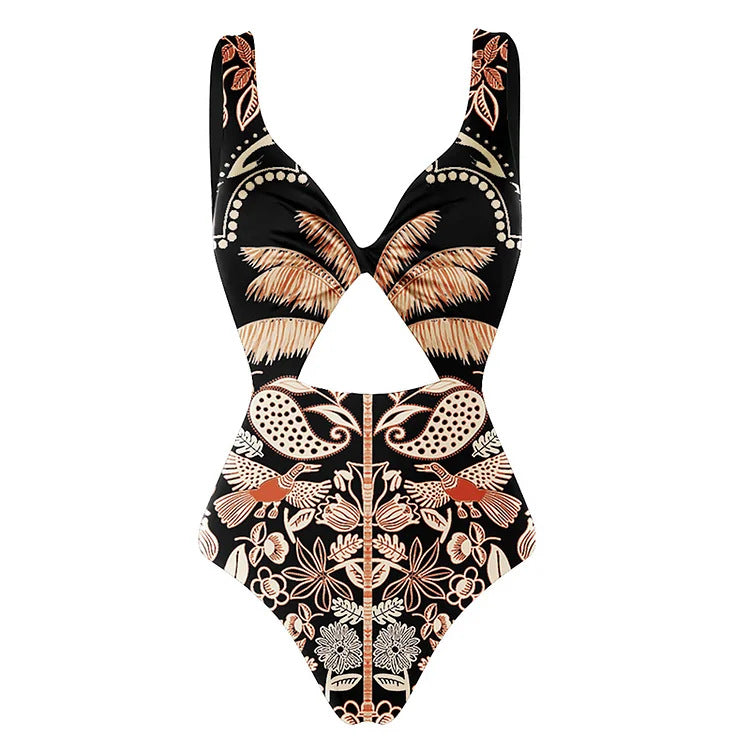 Retro Print Palm Print Cut-Out Swimsuit