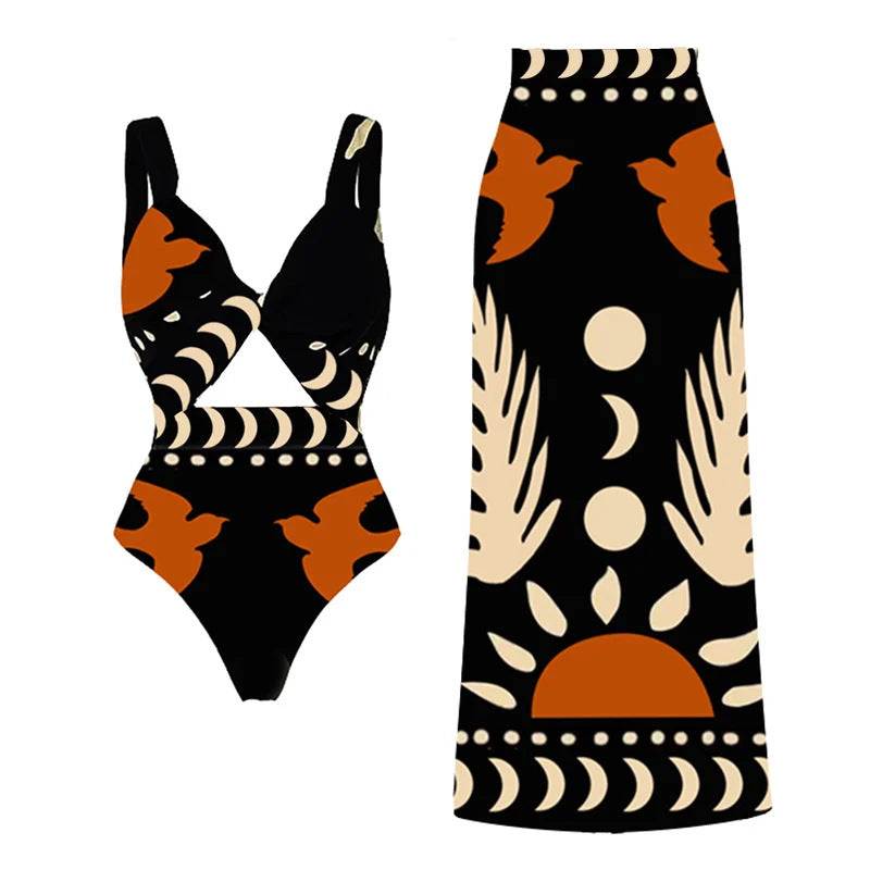 Black and Brown Tropical Printed Cut-Out Swimsuit
