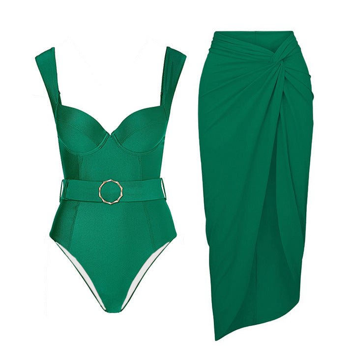 Emerald Green Wide Strap Belted Swimsuit