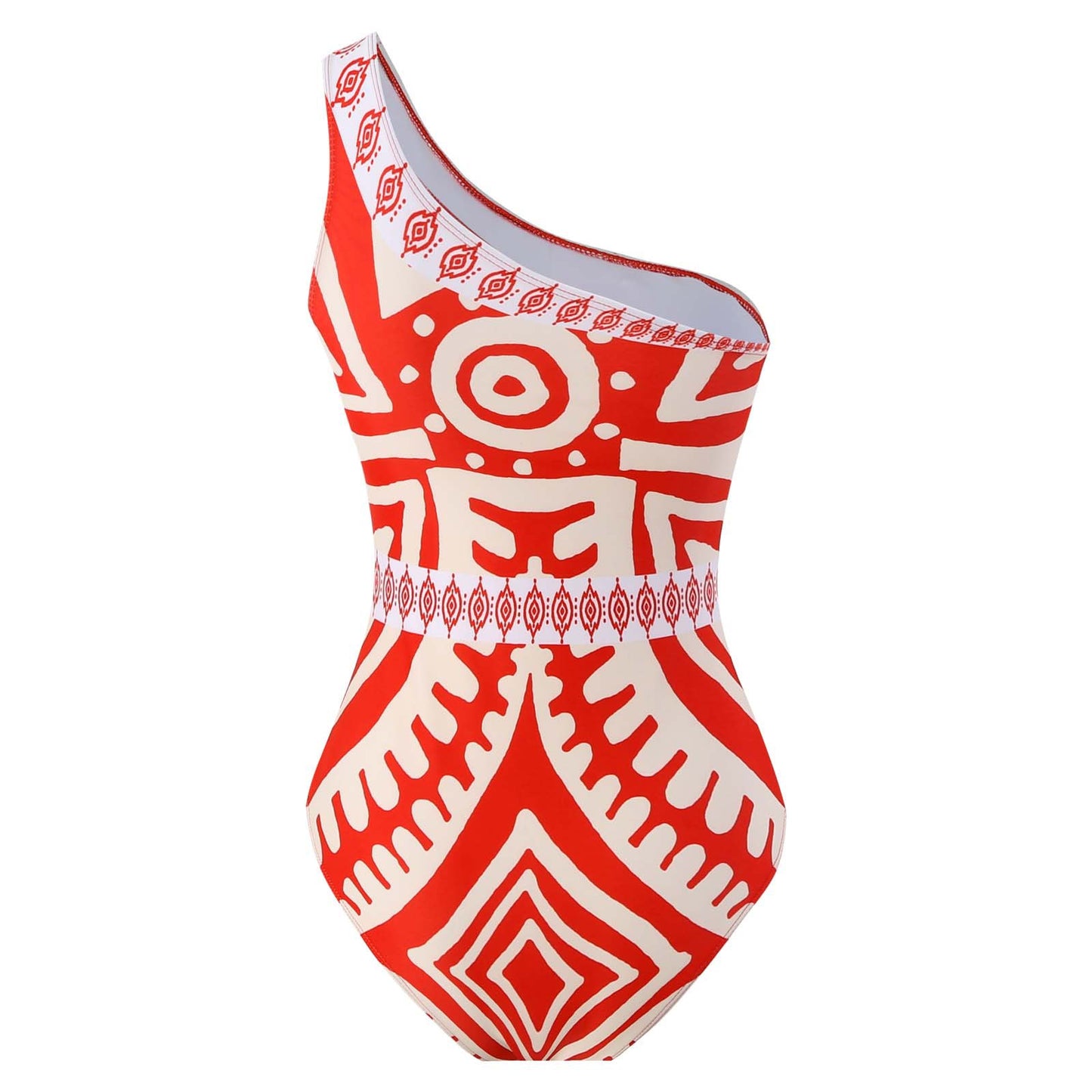 Red and White Aztec Printed One Shoulder Swimsuit