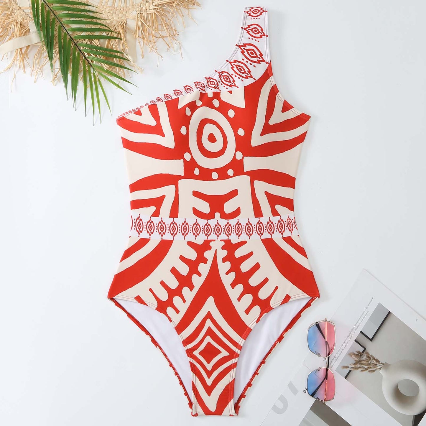 Red and White Aztec Printed One Shoulder Swimsuit