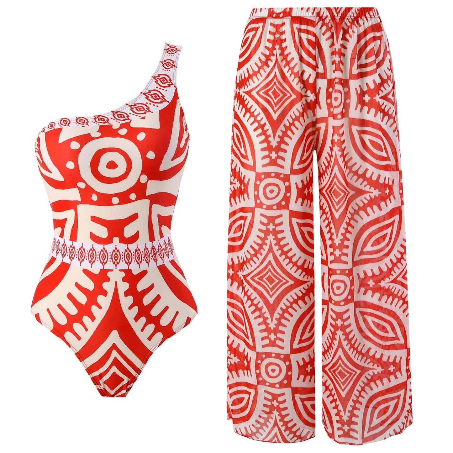 Red and White Aztec Printed Mesh Pants Cover-Up