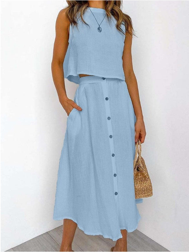 Sleeveless Cotton Crop Top and Skirt Set