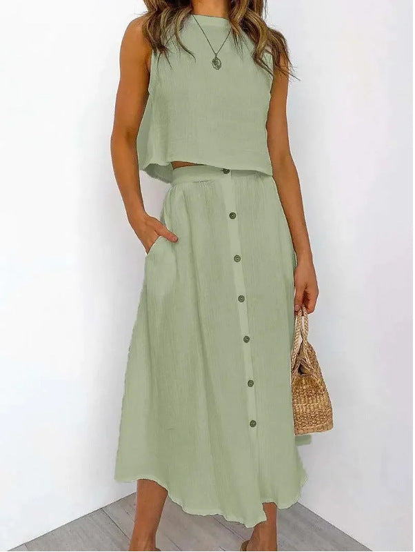 Sleeveless Cotton Crop Top and Skirt Set