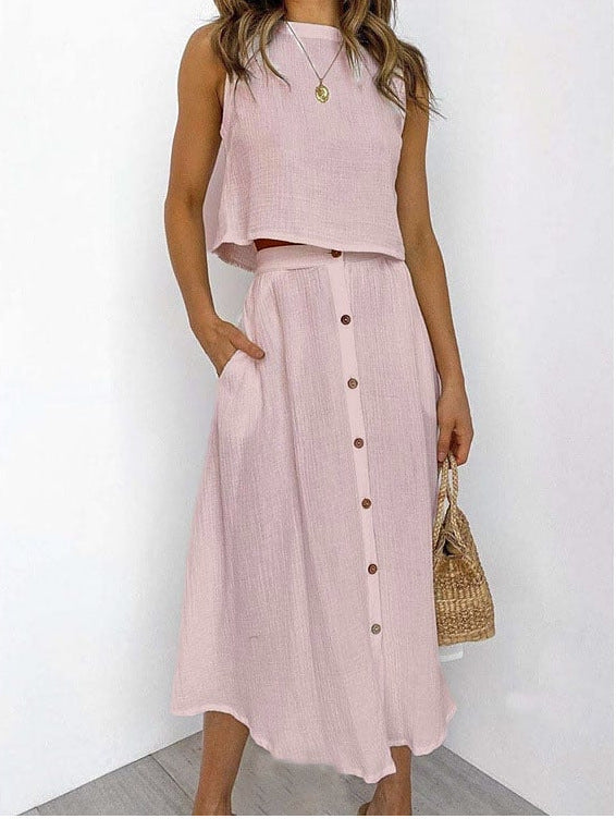 Sleeveless Cotton Crop Top and Skirt Set