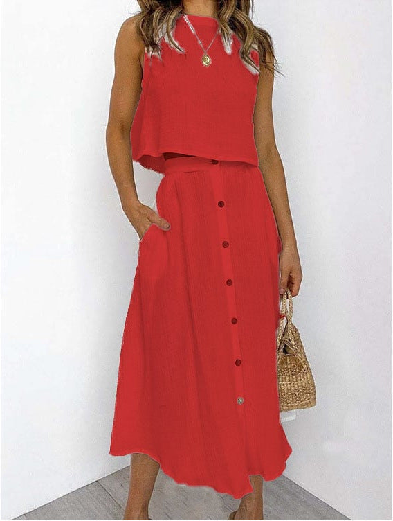 Sleeveless Cotton Crop Top and Skirt Set