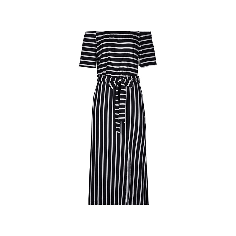 Black and White Striped Off Shoulder Dress
