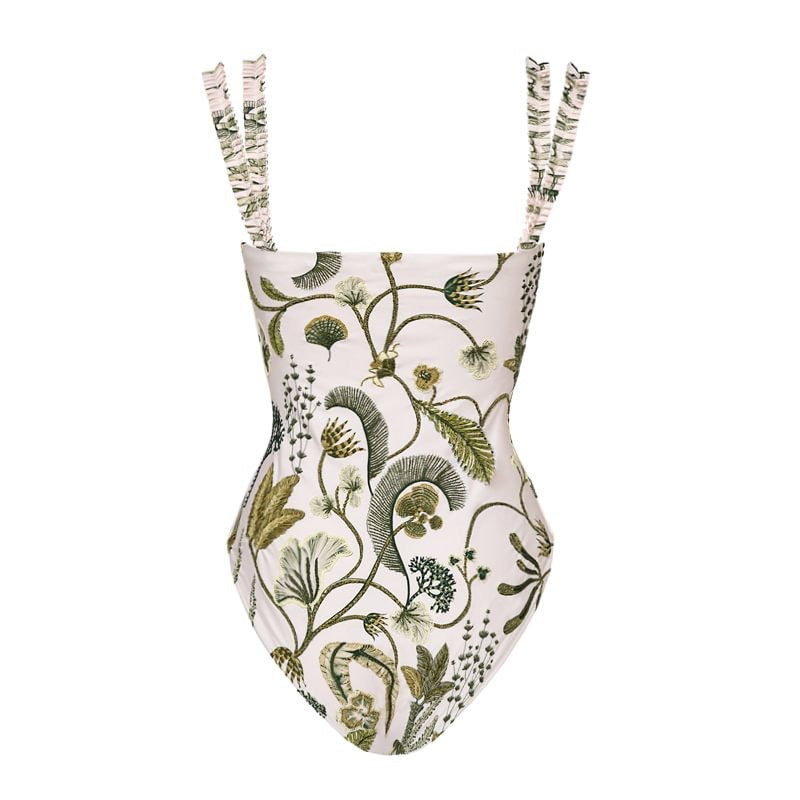 Green and White Fern Printed Swimsuit