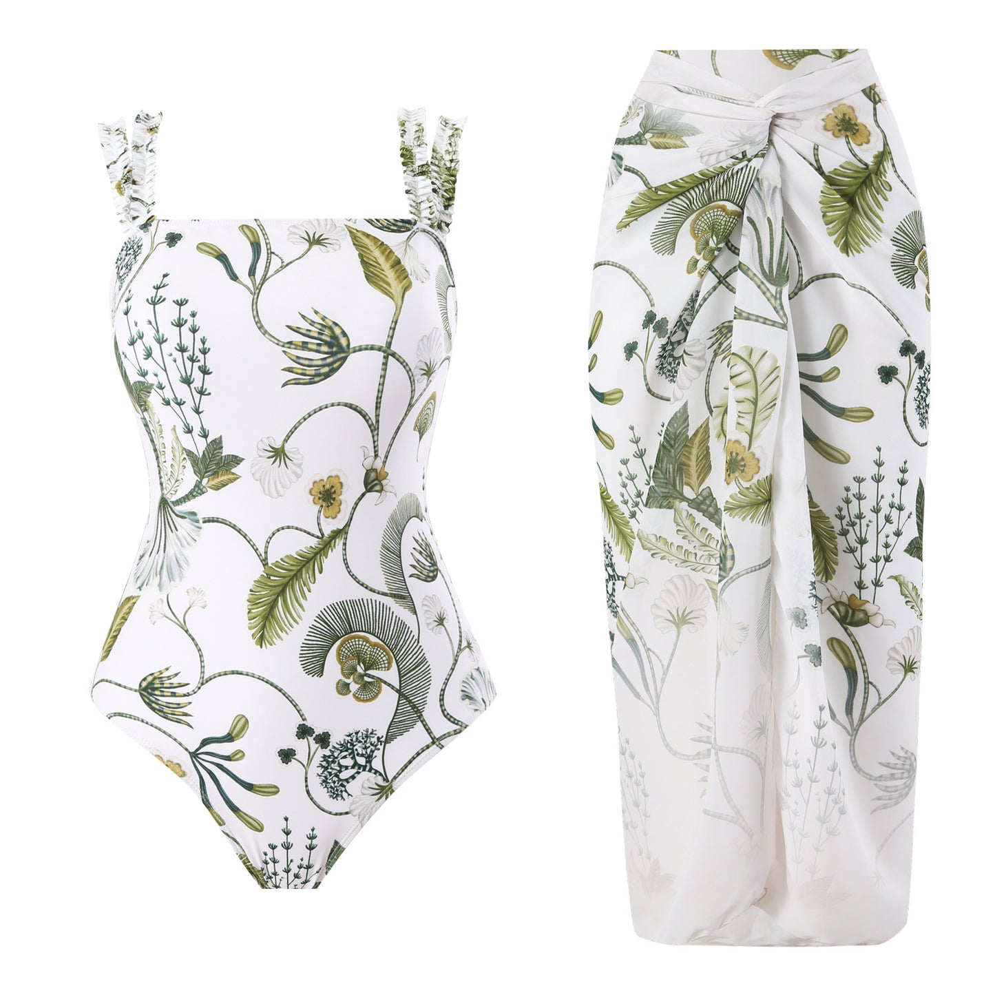 Green and White Fern Printed Swimsuit Wrap