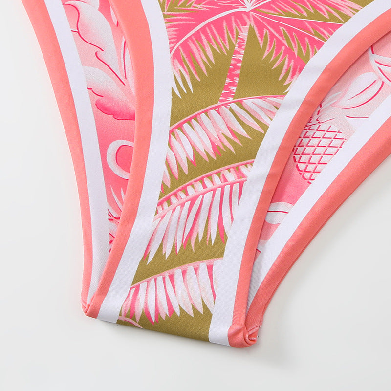 Pink Palm Print Tie Up Swimsuit