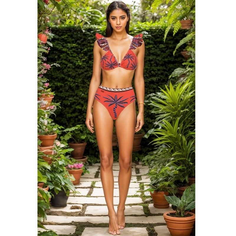 Orange Palm Print Flutter Strap Bikini