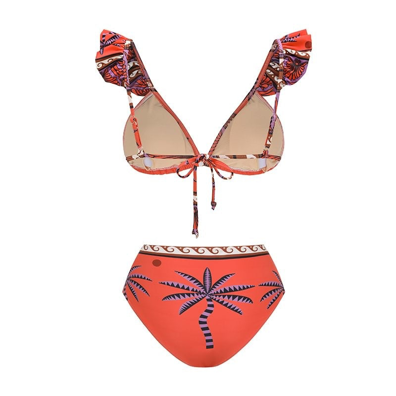 Orange Palm Print Flutter Strap Bikini