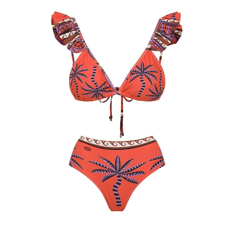 Orange Palm Print Flutter Strap Bikini