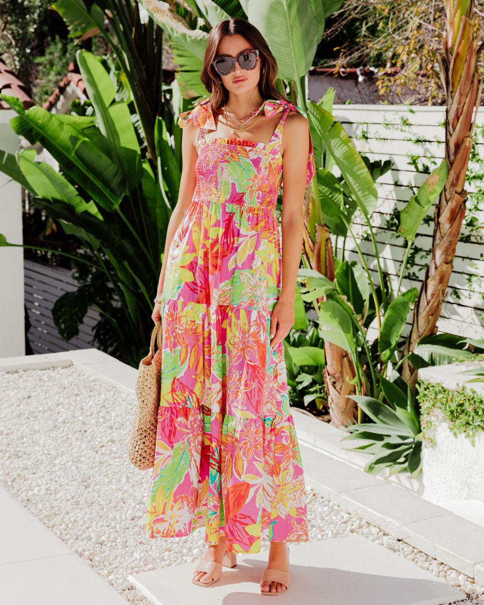 Tropical Printed Tie-Up Maxi Dress