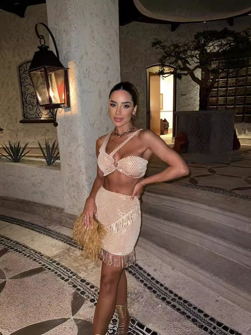One Shoulder Shimmer Crop Top and Skirt Set