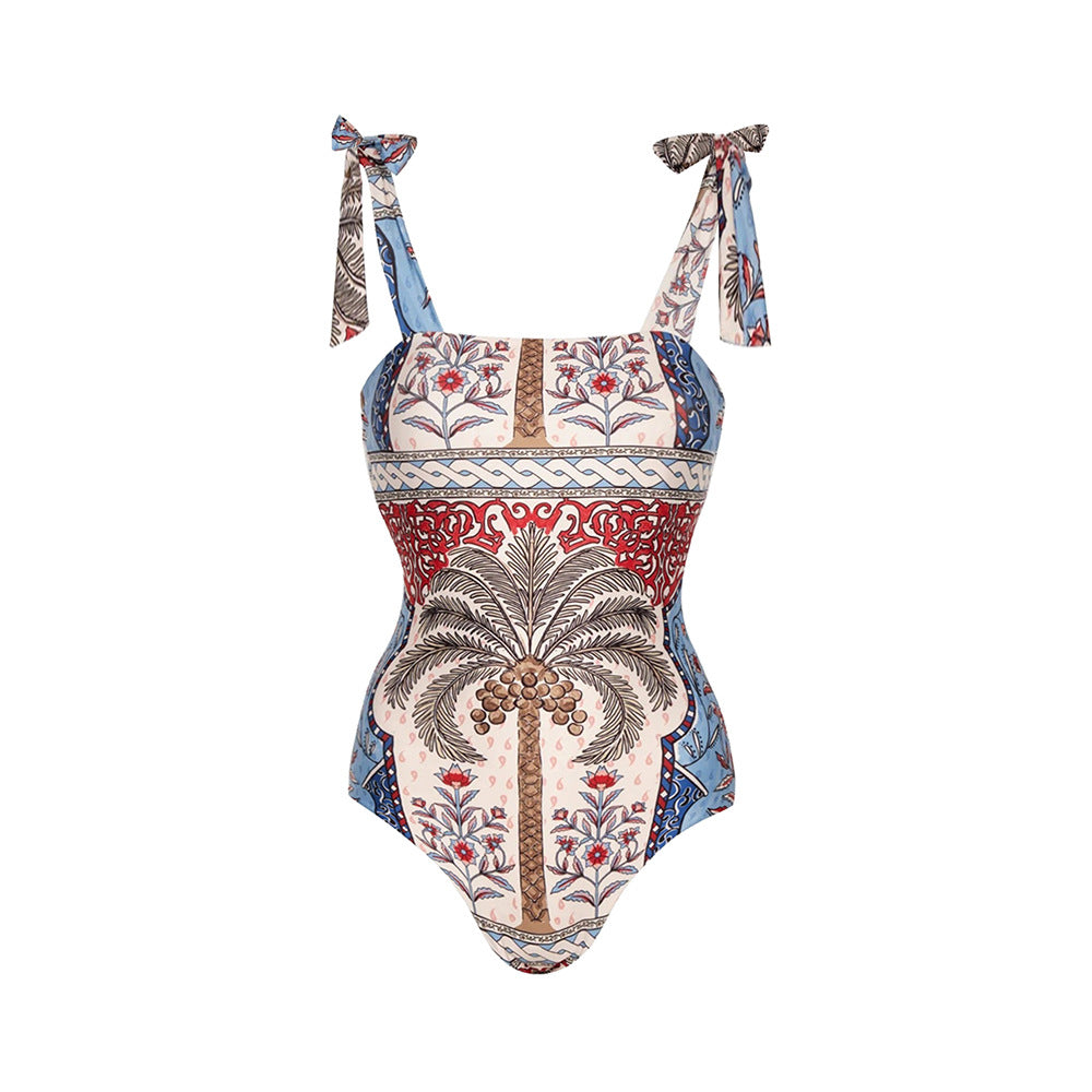 Palm Print Tie-Up Swimsuit