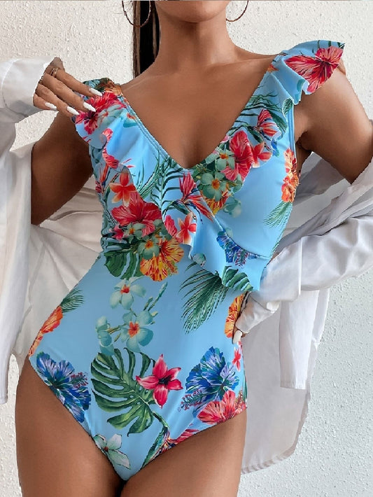 Tropical Printed Ruffle Sleeve Swimsuit