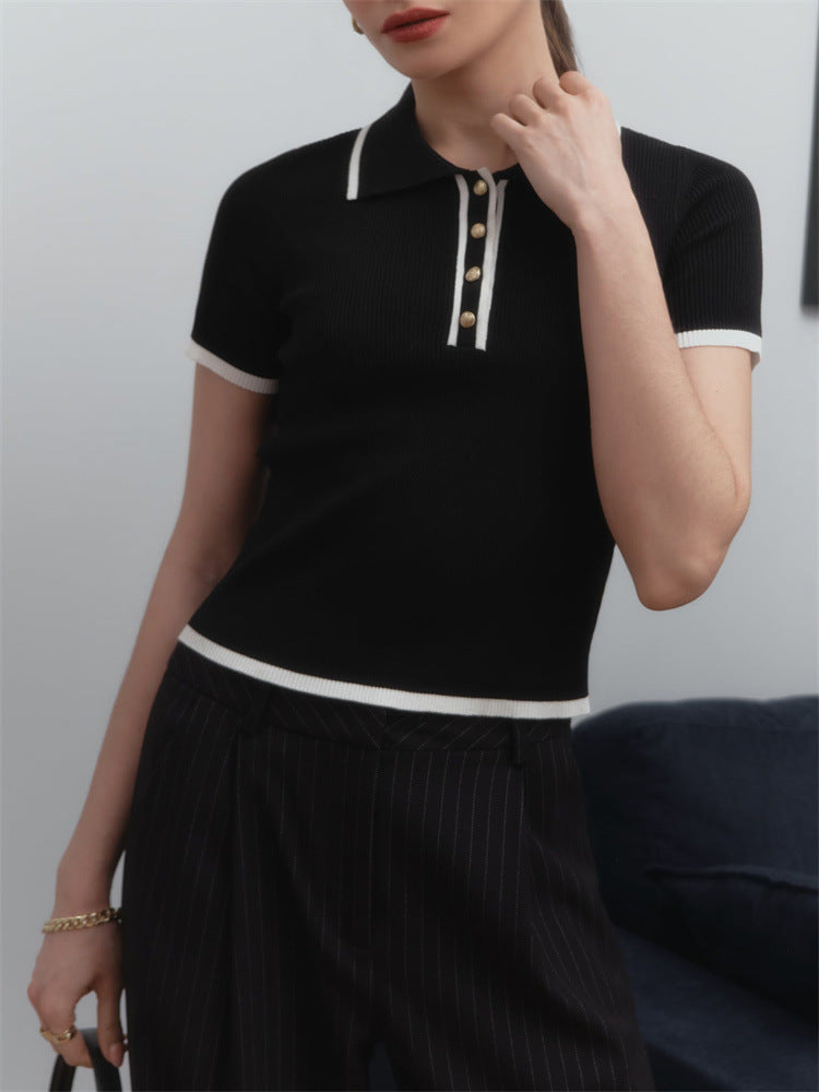 Contrast Trim Ribbed Polo Top