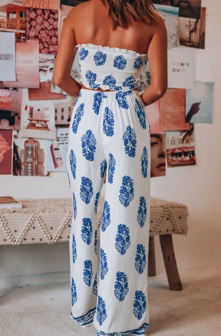 Printed Strapless Crop Top and Pant Set